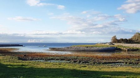 Een kustlandschap in Ierland heeft een grasachtige voorgrond die leidt naar rotsachtige oevers en een kalme blauwe zee. De overwegend heldere lucht heeft verspreide pluizige wolken, met bomen en een klein bouwwerk aan de rand van het water, hun schaduwen dansend op het gras. Perfect voor een onvergetelijk rondreis Ierland avontuur. | Echt Ierland Vakanties