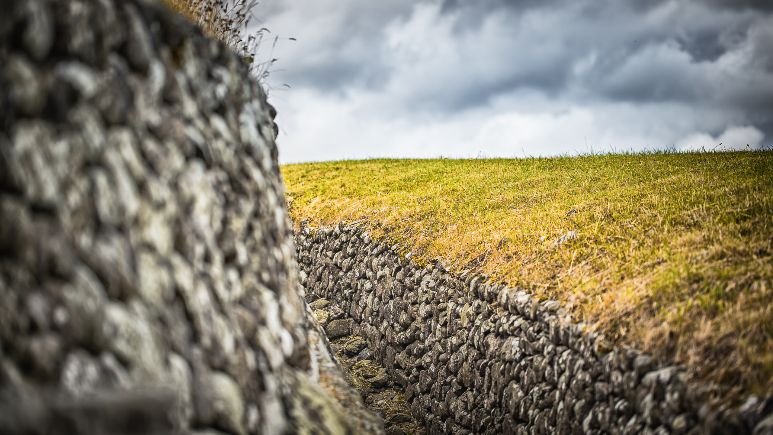 Een stenen muur met een smalle doorgang omlijnt een met gras begroeide heuvel, en legt de ruige schoonheid van een Iers landschap vast. De ruwe textuur van de stenen contrasteert met het gladde, groenachtig-gele gras, terwijl grijze wolken wijzen op dreigende regen - een serene uitnodiging om Ierland te verkennen tijdens uw vakantie. | Echt Ierland Vakanties