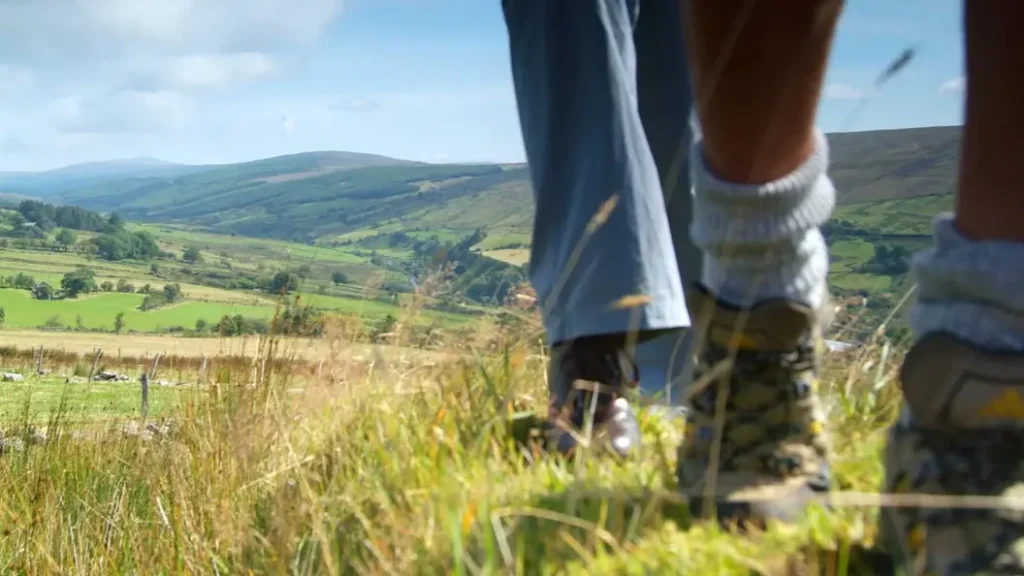 Close-up van de benen van twee wandelaars op een met gras begroeide heuvel tijdens een rondreis Ierland, met uitzicht op een weelderige vallei met glooiende groene heuvels en verspreide bomen. De ene wandelaar draagt een grijze broek en bruine laarzen, de andere draagt een lichtgekleurde broek en laarzen met patroon. Een blauwe lucht strekt zich uit boven de verre Ierse heuvels. | Echt Ierland Vakanties