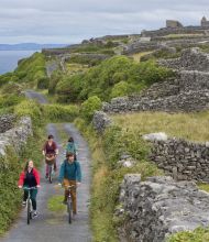 Vier mensen fietsen over een smal pad, begrensd door stenen muren en weelderig groen gras, perfect voor degenen die op zoek zijn naar een vakantie Ierland-avontuur. Het pad slingert door ruïnes en glooiende heuvels onder een bewolkte lucht. In de verte is de oceaan zichtbaar, met een eenzaam schaap dat in de buurt staat. | Echt Ierland Vakanties