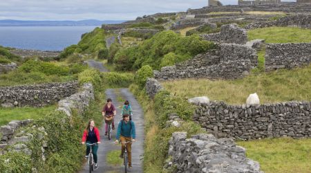 Vier mensen fietsen over een smal pad, begrensd door stenen muren en weelderig groen gras, perfect voor degenen die op zoek zijn naar een vakantie Ierland-avontuur. Het pad slingert door ruïnes en glooiende heuvels onder een bewolkte lucht. In de verte is de oceaan zichtbaar, met een eenzaam schaap dat in de buurt staat. | Echt Ierland Vakanties