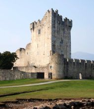 Een middeleeuws stenen kasteel met een hoge centrale toren staat op een grasachtig landschap, perfect voor degenen die een urlaub Ierland overwegen. Het fort is omgeven door een stenen muur met kantelen. Een klein pad leidt naar de ingang en een paar bomen zijn zichtbaar in de buurt onder de heldere, zonnige lucht. | Echt Ierland Vakanties