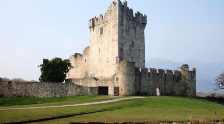 Een middeleeuws stenen kasteel met een hoge centrale toren staat op een grasachtig landschap, perfect voor degenen die een urlaub Ierland overwegen. Het fort is omgeven door een stenen muur met kantelen. Een klein pad leidt naar de ingang en een paar bomen zijn zichtbaar in de buurt onder de heldere, zonnige lucht. | Echt Ierland Vakanties