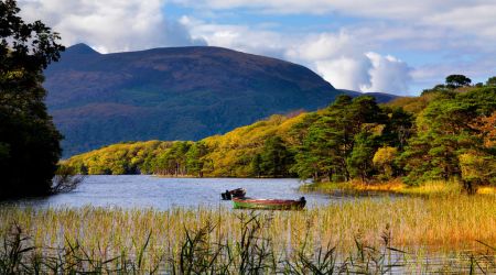 Een serene meerscène met een kleine boot voor anker tussen hoog riet op de voorgrond roept de rust op van een rondreis Ierland. Weelderige groene en gele bomen omlijnen het Ierse meer, leidend naar een hoge, met bos bedekte berg onder een gedeeltelijk bewolkte lucht terwijl zonlicht het levendige herfstgebladerte benadrukt. | Echt Ierland Vakanties