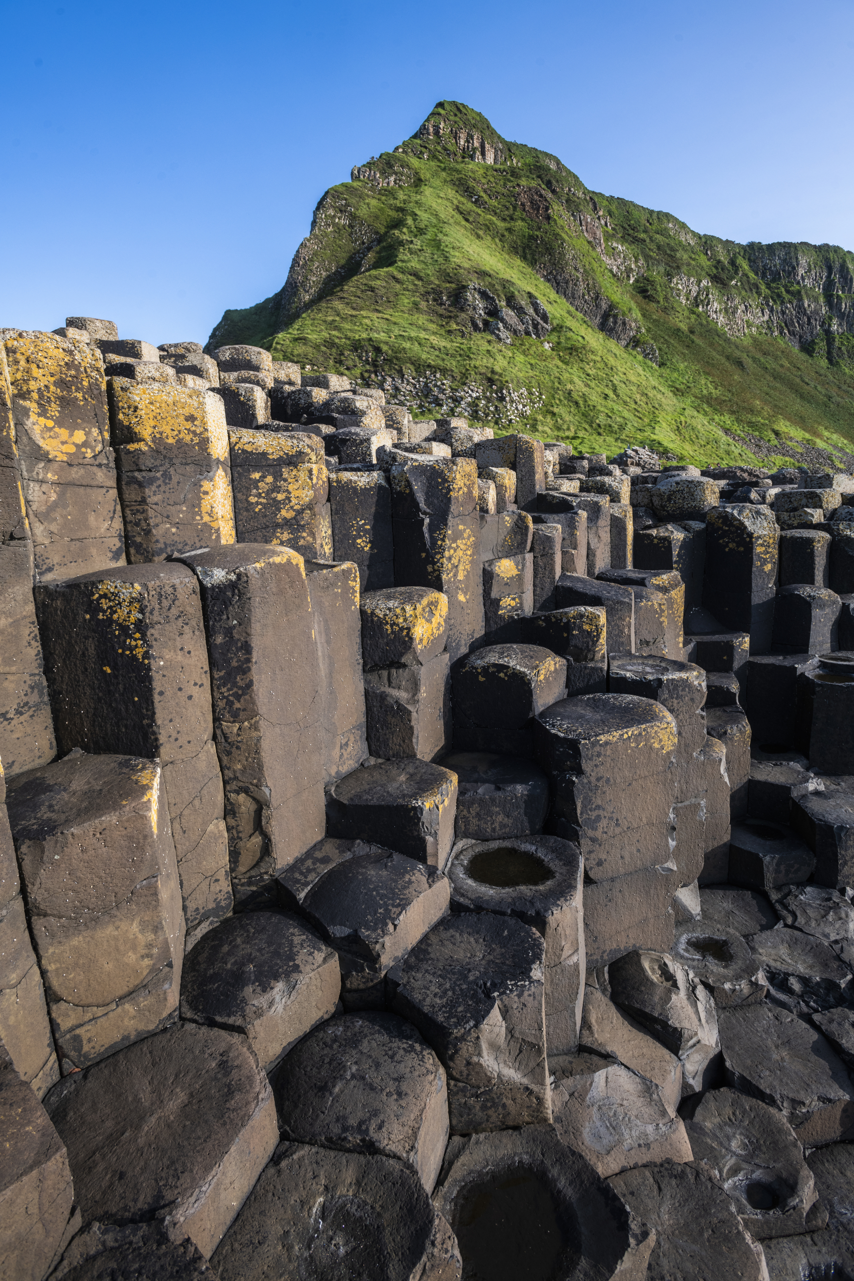 De afbeelding toont de Giant's Causeway, een must-see op *rondreis Ierland*, met hexagonale basaltkolommen. Ongelijke verweerde kolommen met geel korstmos staan op de voorgrond, terwijl een grasheuvel onder een helderblauwe lucht dit iconische Ierse tafereel compleet maakt. | Echt Ierland Vakanties