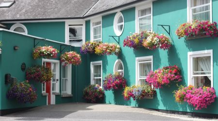 Een groenblauwe Bed and Breakfast in Kilkenny, met ronde en rechthoekige ramen, is versierd met levendige bloembakken en hangende manden. De rode deur en het grijze pannendak voegen charme toe, terwijl kleurrijke bloemen zorgen voor een vrolijke, gastvrije sfeer. | Echt Ierland Vakanties