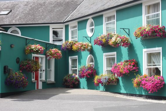 Een groenblauwe Bed and Breakfast in Kilkenny, met ronde en rechthoekige ramen, is versierd met levendige bloembakken en hangende manden. De rode deur en het grijze pannendak voegen charme toe, terwijl kleurrijke bloemen zorgen voor een vrolijke, gastvrije sfeer. | Echt Ierland Vakanties
