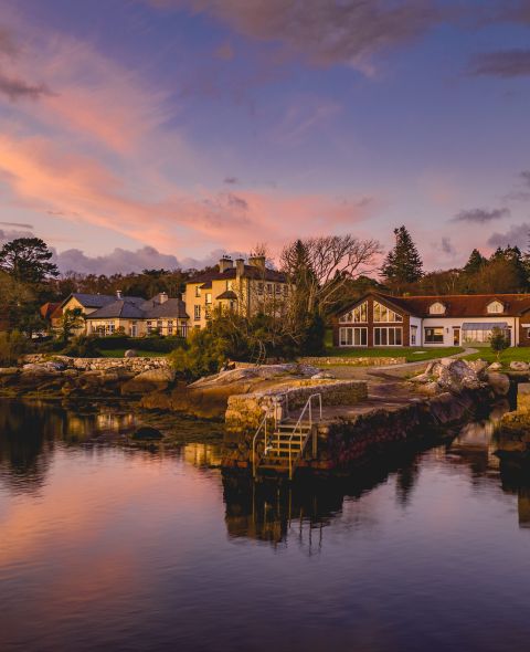 Een serene waterkant bij zonsondergang, met charmante huizen met grote ramen, genesteld tussen bomen en groen. De lucht is geschilderd met zachte roze en paarse tinten die reflecteren op het kalme water. Een kleine stenen pier met een metalen ladder strekt zich uit tot op de voorgrond. | Echt Ierland Vakanties
