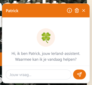 Er verschijnt een chatvenster met de naam Patrick en een oranje kop. In het midden staat een klavertjevier-icoon. Daaronder staat de Nederlandse tekst: Hallo, ik ben Patrick, jouw Ierland-assistent. Een tekstvak en verzendknop staan onderaan. | Echt Ierland Vakanties