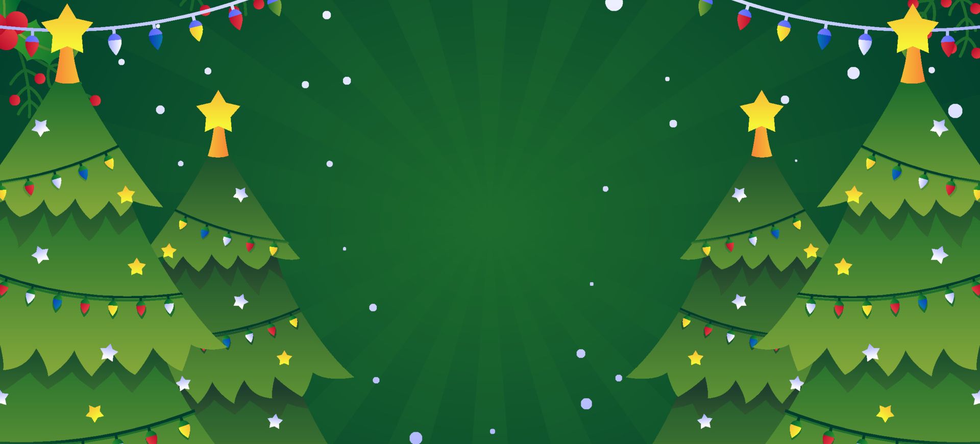 Een feestelijke groene achtergrond met twee versierde kerstbomen aan elke kant, met daarbovenop gele sterren. Kleurrijke lichtjes en kerstballen hangen aan de bomen en over de bovenkant. Sneeuwvlokken en hulst dragen bij aan het vrolijke vakantiethema, met ruimte in het midden. | Echt Ierland Vakanties