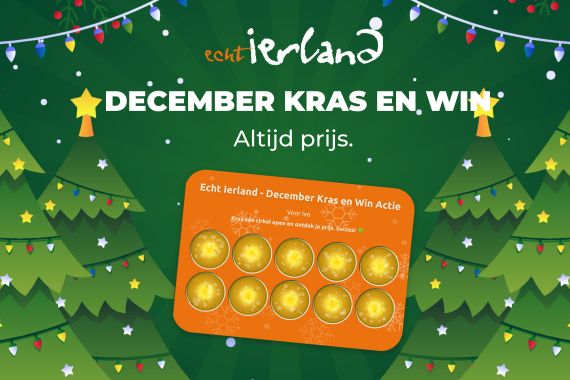 Een feestelijke afbeelding met kerstbomen, kleurrijke lichtjes en sterren. De tekst luidt Echt Ierland DECEMBER KRAS EN WIN Altijd prijs. Daaronder staat een oranje jubileumcadeautje met de tekst Echt Ierland - December Kras en Win Actie met tien gouden krascirkels. | Echt Ierland Vakanties
