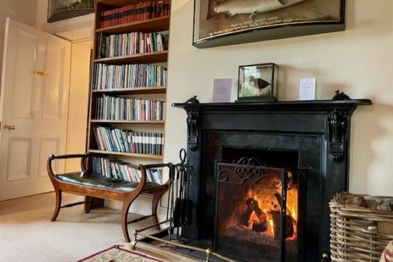 Een gezellige kamer in Boetiek hotel Westport heeft een zwarte open haard met een brandend vuur, een boekenkast vol boeken en een houten bank. Boven de schoorsteenmantel hangt een grote vis. Crèmekleurige muren en een tapijt met rode motieven voegen warmte en charme toe. | Echt Ierland Vakanties