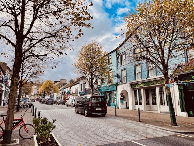 Een straatbeeld toont een rij kleurrijke gebouwen met winkels, waaronder een gezellig hotel met eigen pub in Ballyvaughan, bomen met herfstbladeren, geparkeerde auto's en een paar fietsen. De rustige sfeer wordt gekenmerkt door minimale voetgangers op de brede stoep. | Echt Ierland Vakanties